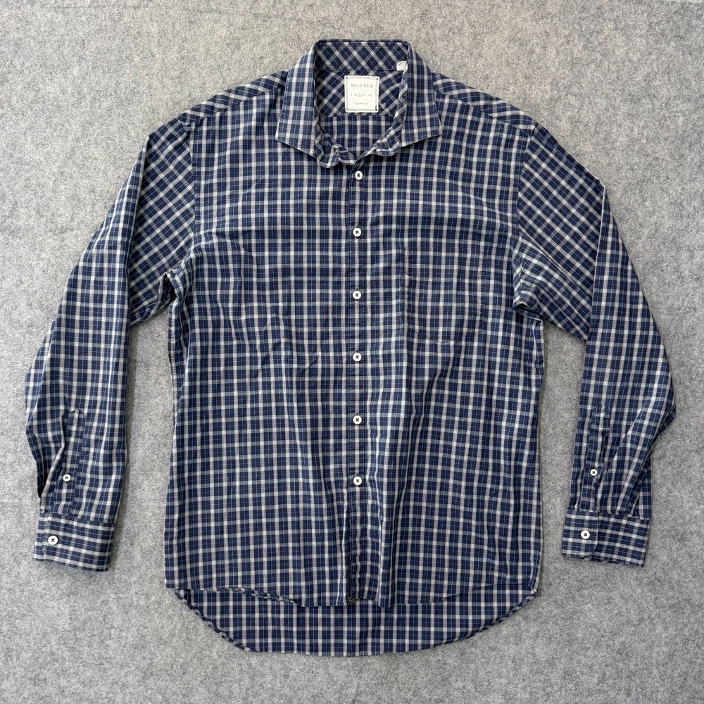 Billy Reid Navy Blue Plaid Long Sleeve Button Down Shirt Men's Size Large